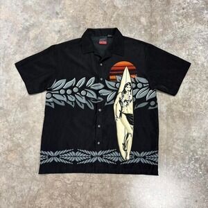 C-TWO Black Hawaiian Style Surfer Babe Y2K AOP Button Up Shirt Size L